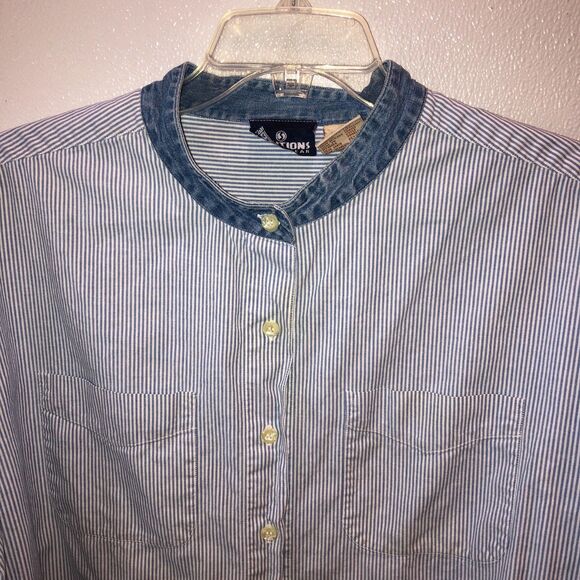 Vintage Solutions Womens 2X Blue White Striped Banded Collar Button Up Shirt - Picture 5 of 8